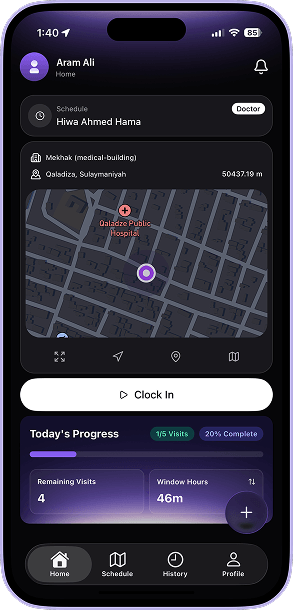 Revia mobile app showing Clock In and today's visit progress