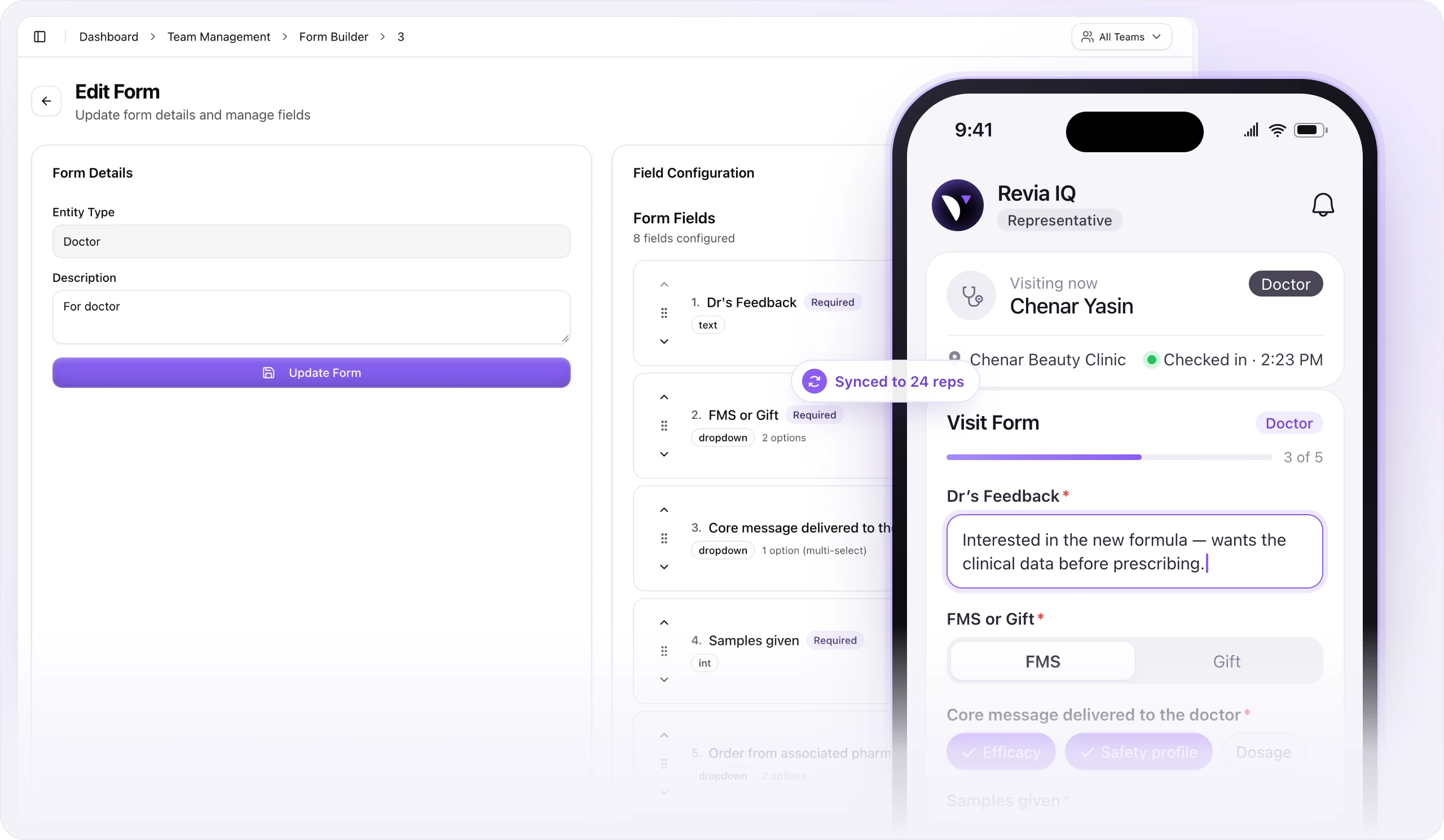 Revia form builder on the dashboard and the same visit form being filled on a rep’s phone